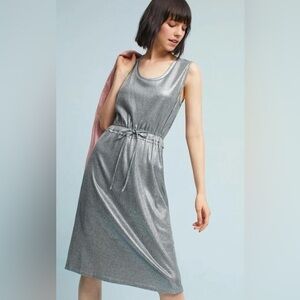 ANTHROPOLOGIE Dolan Left Coast Silver Metallic Drawstring Midi Dress Size Small